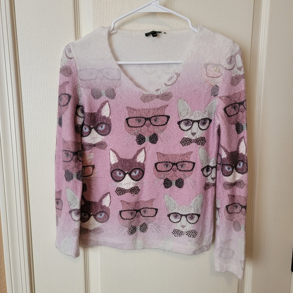 Tricotto Pink Ombre Cats With Rhinestone Glasses Sweater